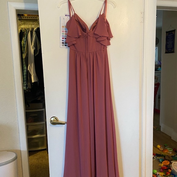 Morilee Chiffon Bridesmaid Dress with a Ruffled V-Neckline in Rosewood - Picture 2 of 5